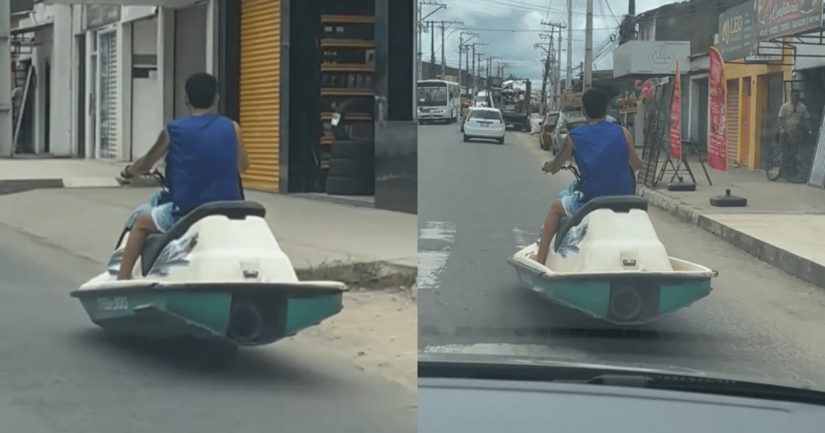 Homem pilota moto aquática nas ruas de Maceió e chama atenção da web por conta do veículo inusitado