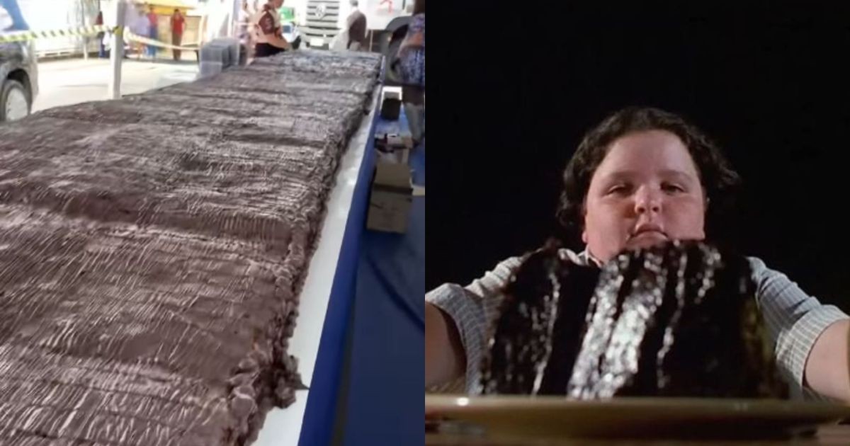 Confeiteira faz bolo de duas toneladas acompanhado de 600 litros de calda de chocolate inspirado no filme “Matilda”