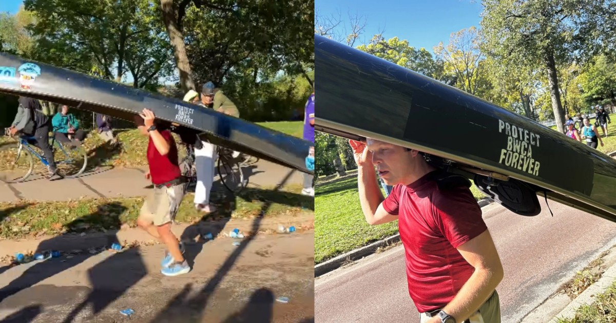 Maratonista de 38 anos completa competição com canoa na cabeça para chamar a atenção do público e protestar: “Essa causa, ao meu ver, vale muito mais”