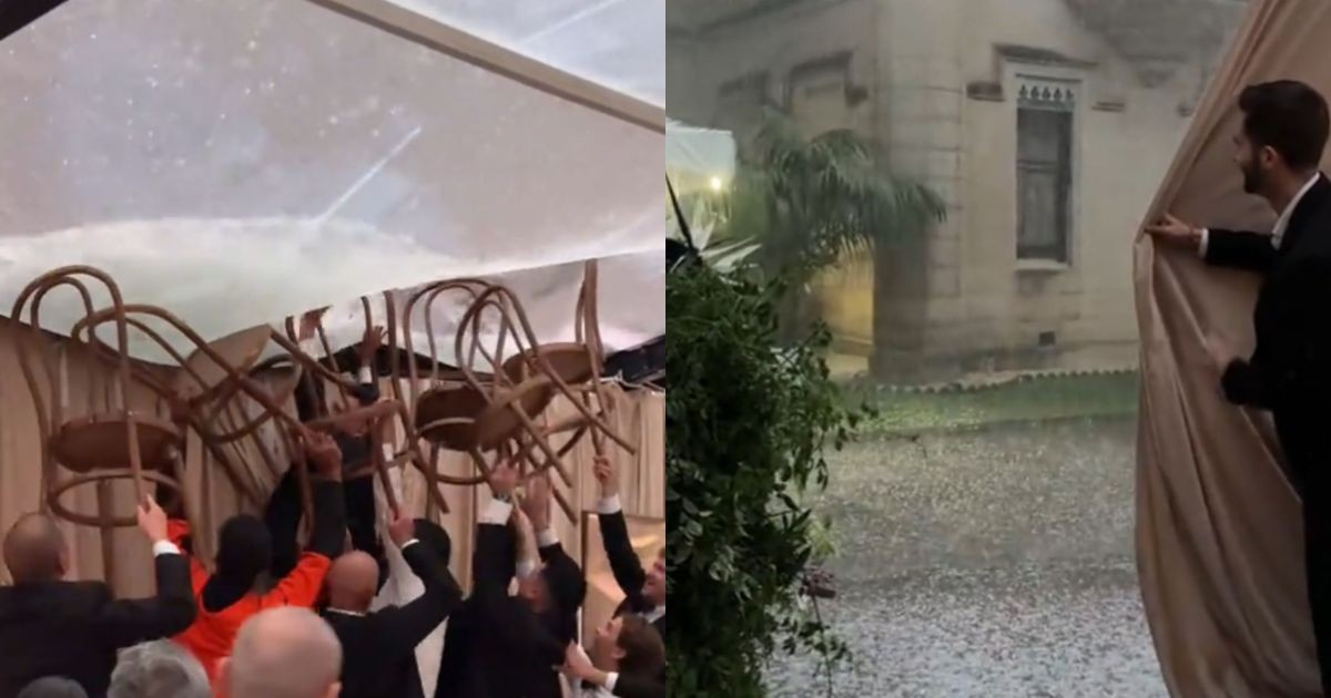 Convidados de um casamento na Austrália usam cadeiras para impedir que chuva destrua o teto do local da cerimônia