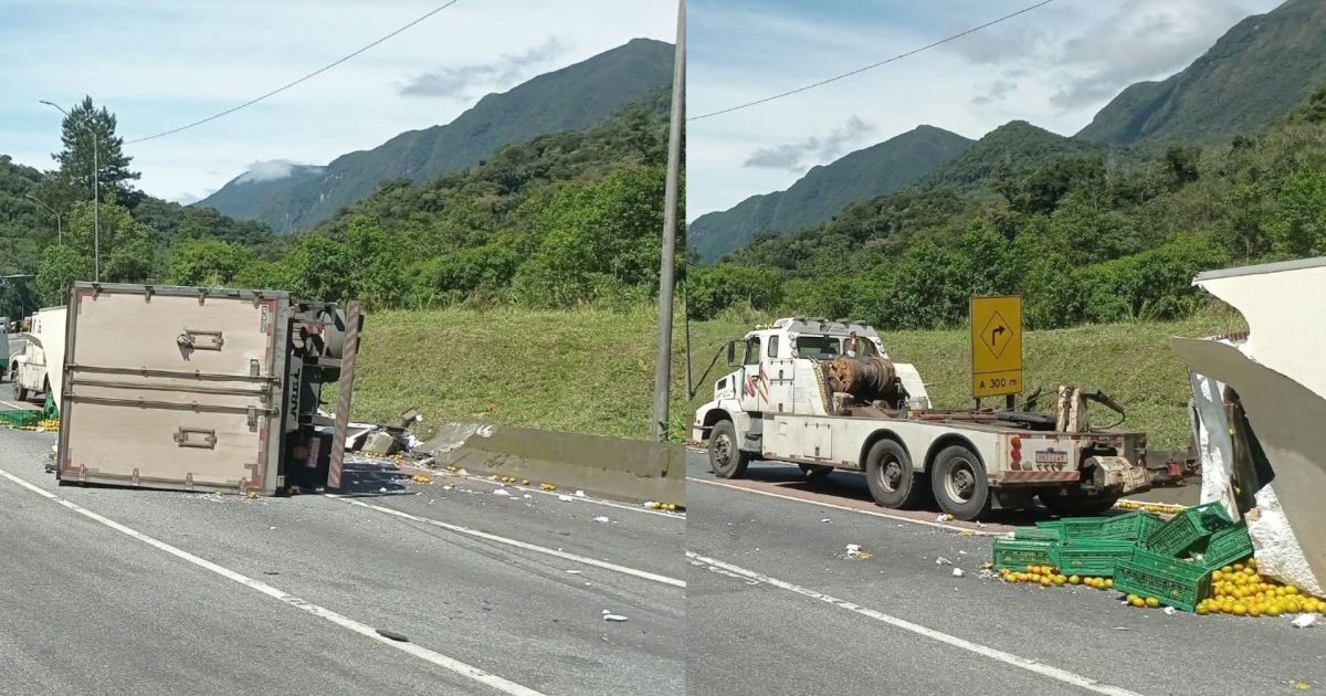Acidente com caminhão carregado de laranjas bloqueia BR-376 na Serra do Mar