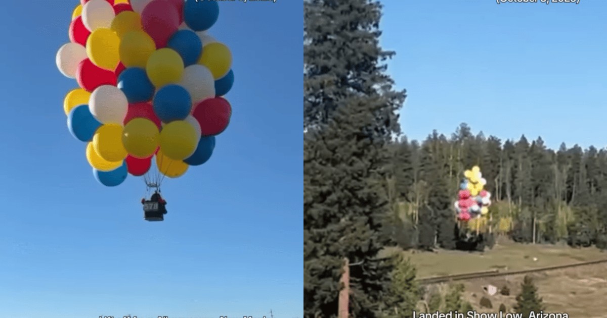 Inspirado no filme ‘Up’, piloto voa mais de 300 quilômetros pelo céu dos EUA suspenso apenas por 94 balões de hélio coloridos