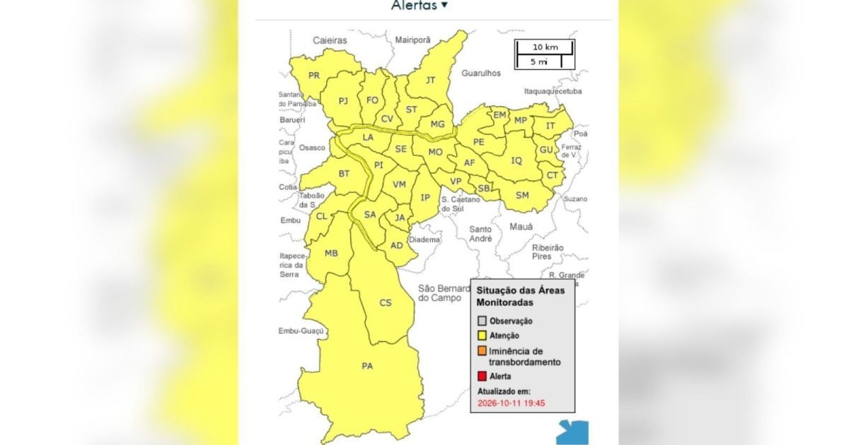 Capital paulista entra em estado de atenção para alagamentos neste domingo