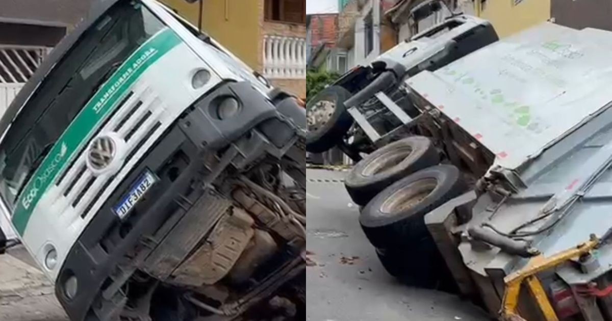 Vídeo: caminhão de lixo cai dentro de cratera após asfalto ceder em Osasco