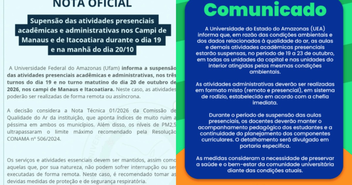 Manaus suspende aulas municipais nesta terça devido à qualidade do ar