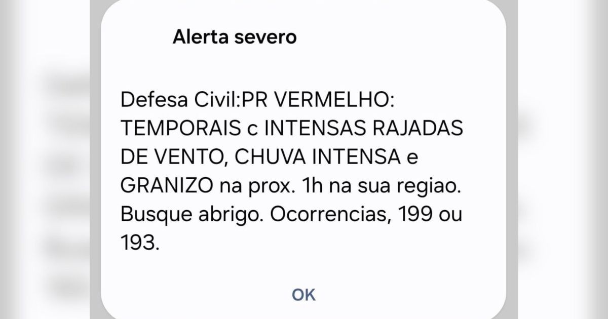 Defesa Civil do Paraná emite alerta vermelho para temporais severos