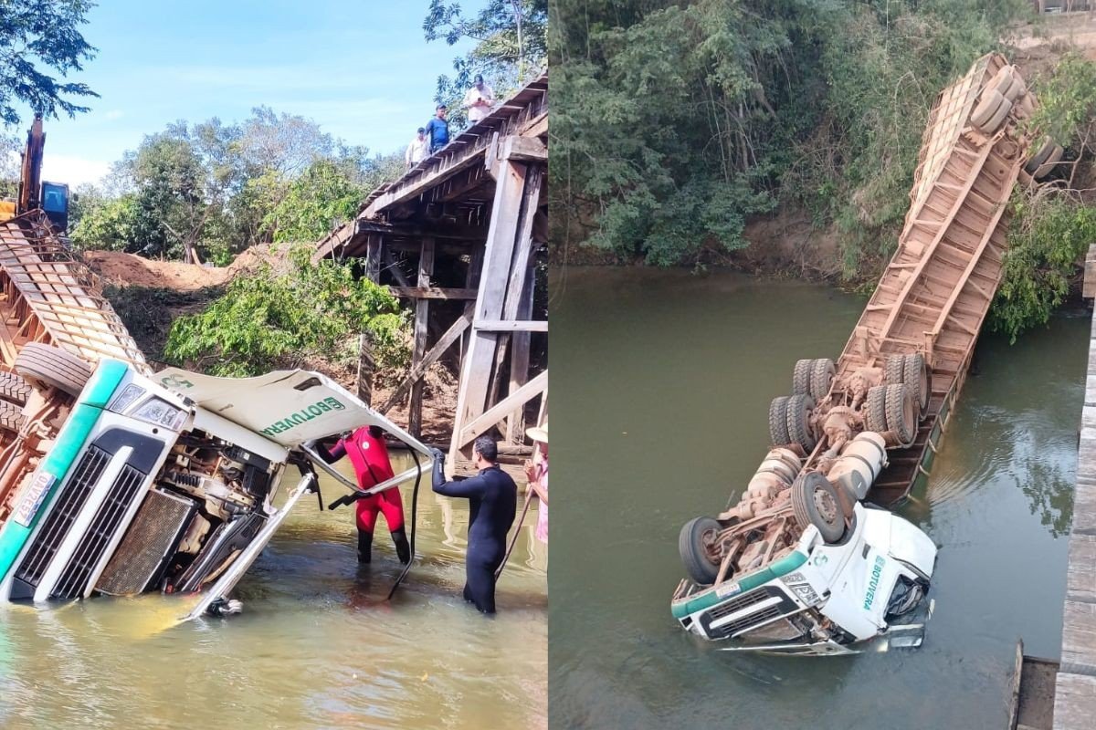 Trabalhador morre após carreta que transportava gado cair de ponte em MT