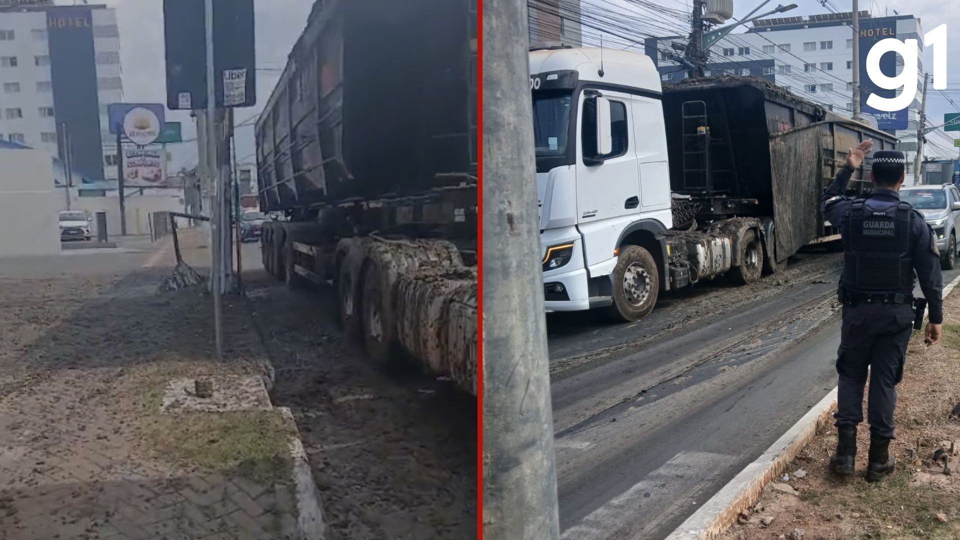 Caminhão derrama resíduos de frigorífico em avenida e interdita parte do trânsito em Várzea Grande (MT)