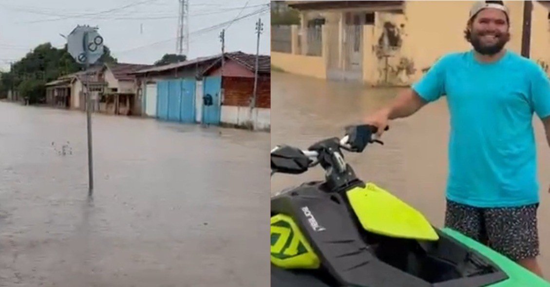 VÍDEO: após temporal, homem usa moto aquática em ruas alagadas em MT