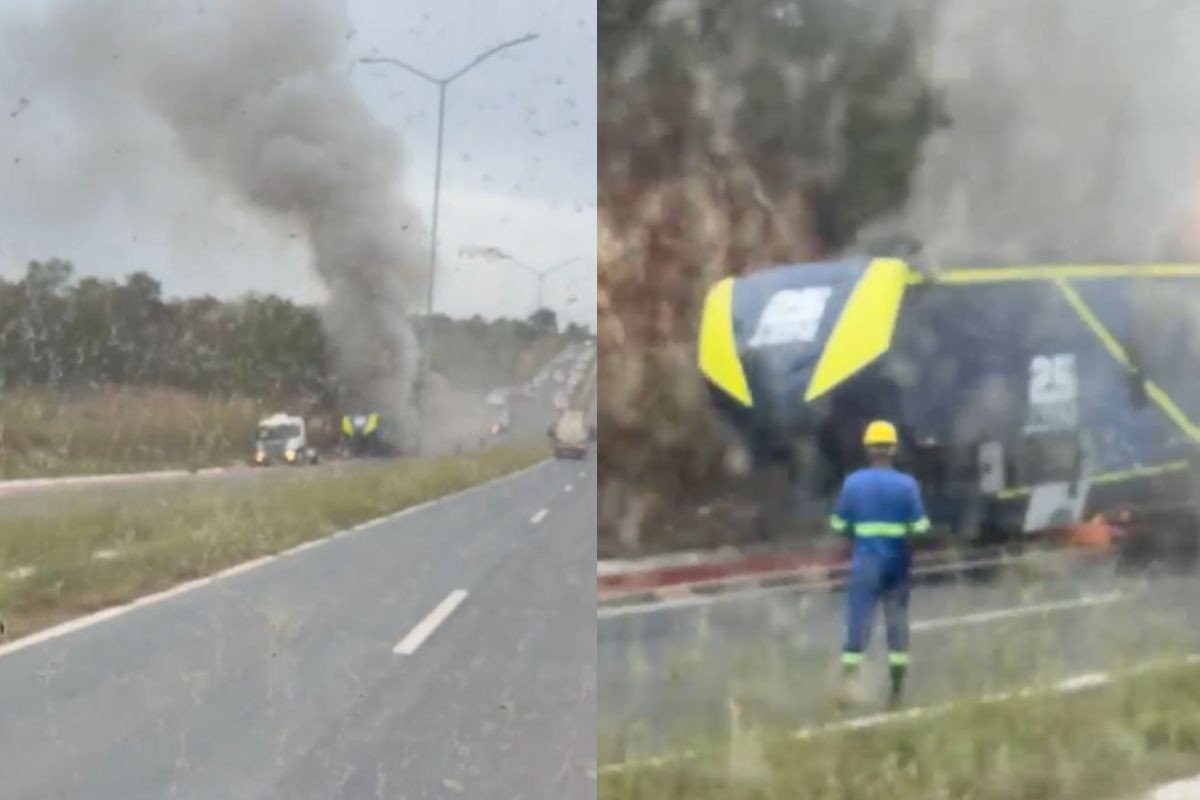 Motorhome pega fogo às margens de rodovia em Cuiabá; veja vídeo