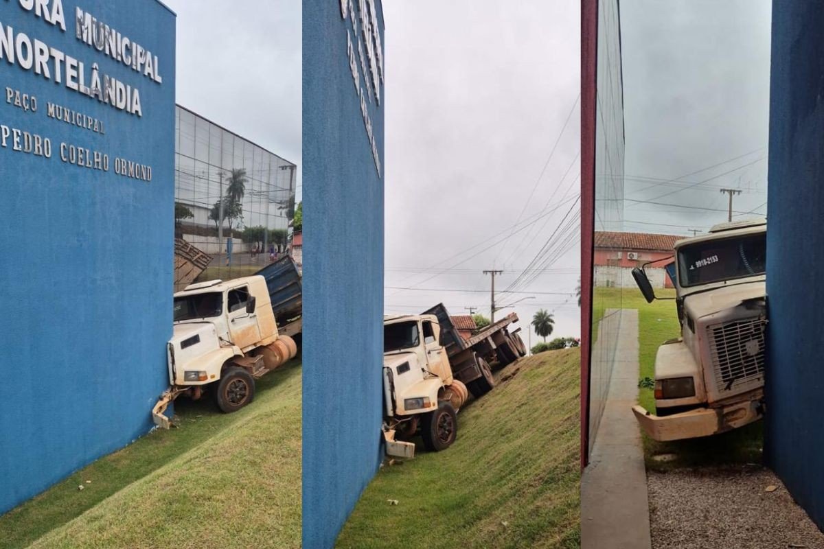 Carreta 'perde' freio e bate contra prédio da prefeitura em Nortelândia (MT)