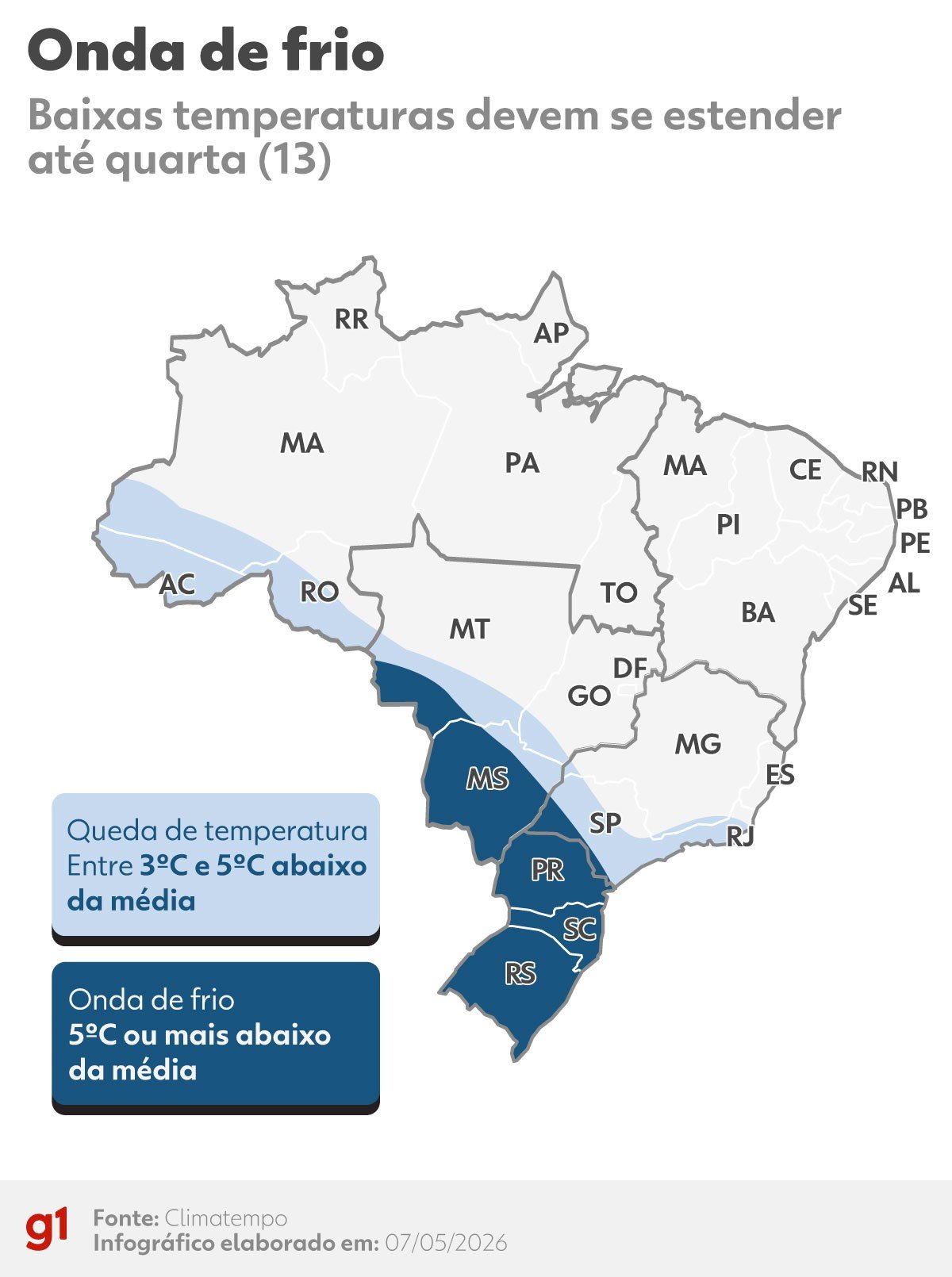 Frente fria chega em MT e Cuiabá entra na lista das capitais com previsão de menor temperatura