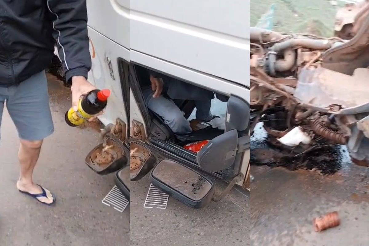 VÍDEO: garrafa de cachaça é retirada de carreta de motorista preso por embriaguez após acidente em Cuiabá