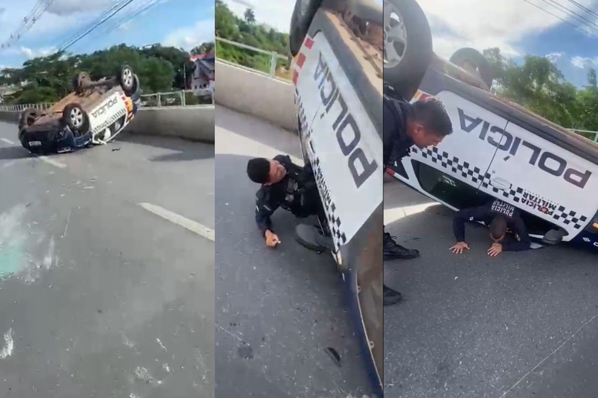 Viatura da PM capota em ponte entre Cuiabá e Várzea Grande (MT)