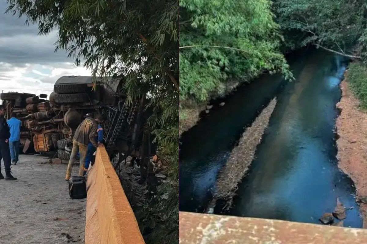 Caminhão com piche tomba em rio e compromete abastecimento de água em Colniza (MT)