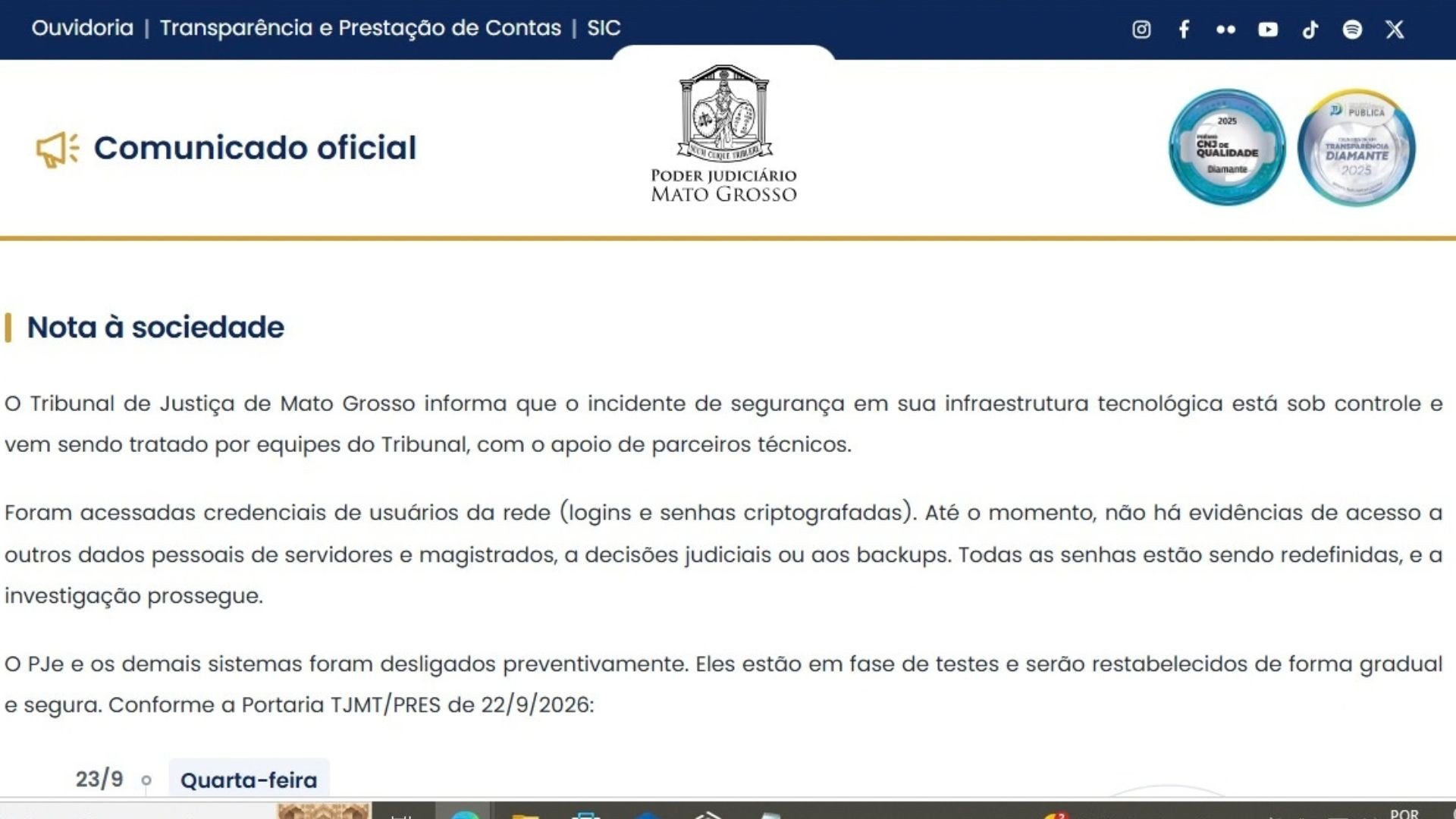 TJMT segue fora do ar e atendimento ao público continua suspenso nesta segunda-feira (28); saiba o que está funcionando