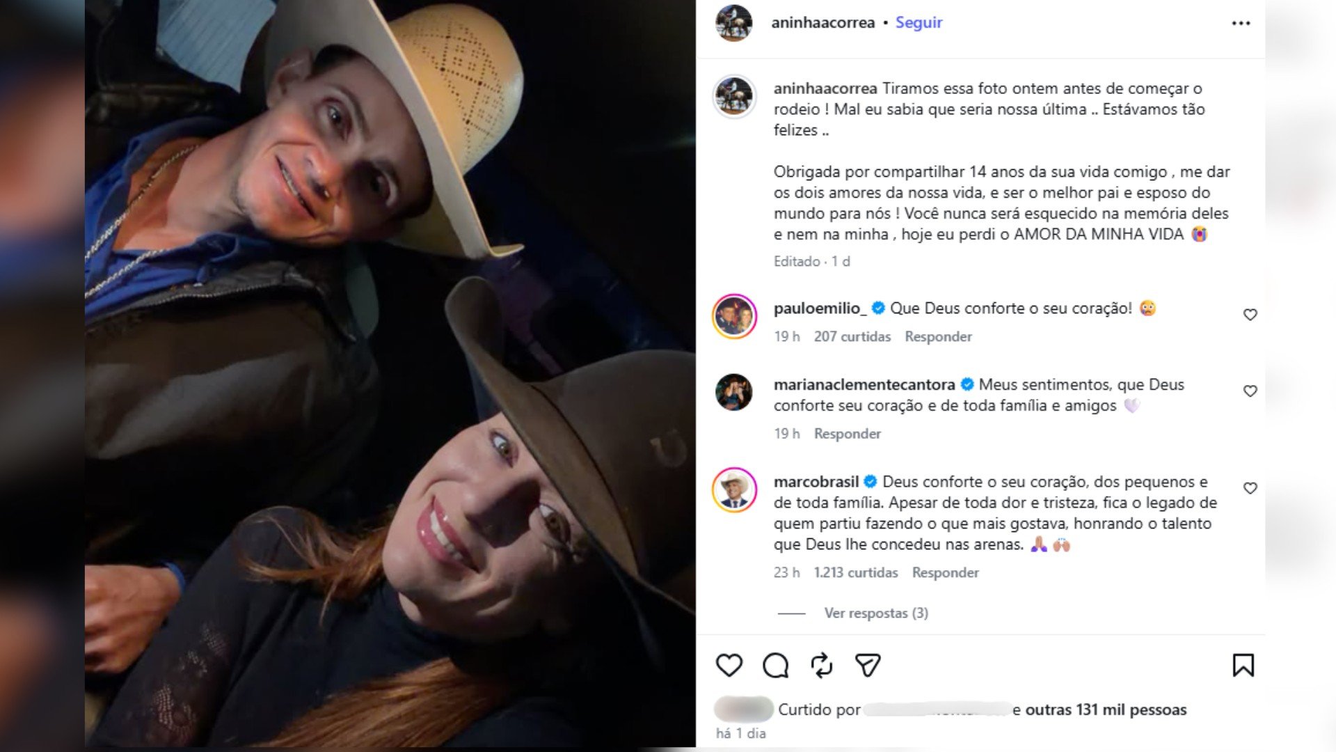 Esposa posta foto que fez em rodeio horas antes de peão morrer pisoteado por touro: 'Mal eu sabia que seria nossa última'