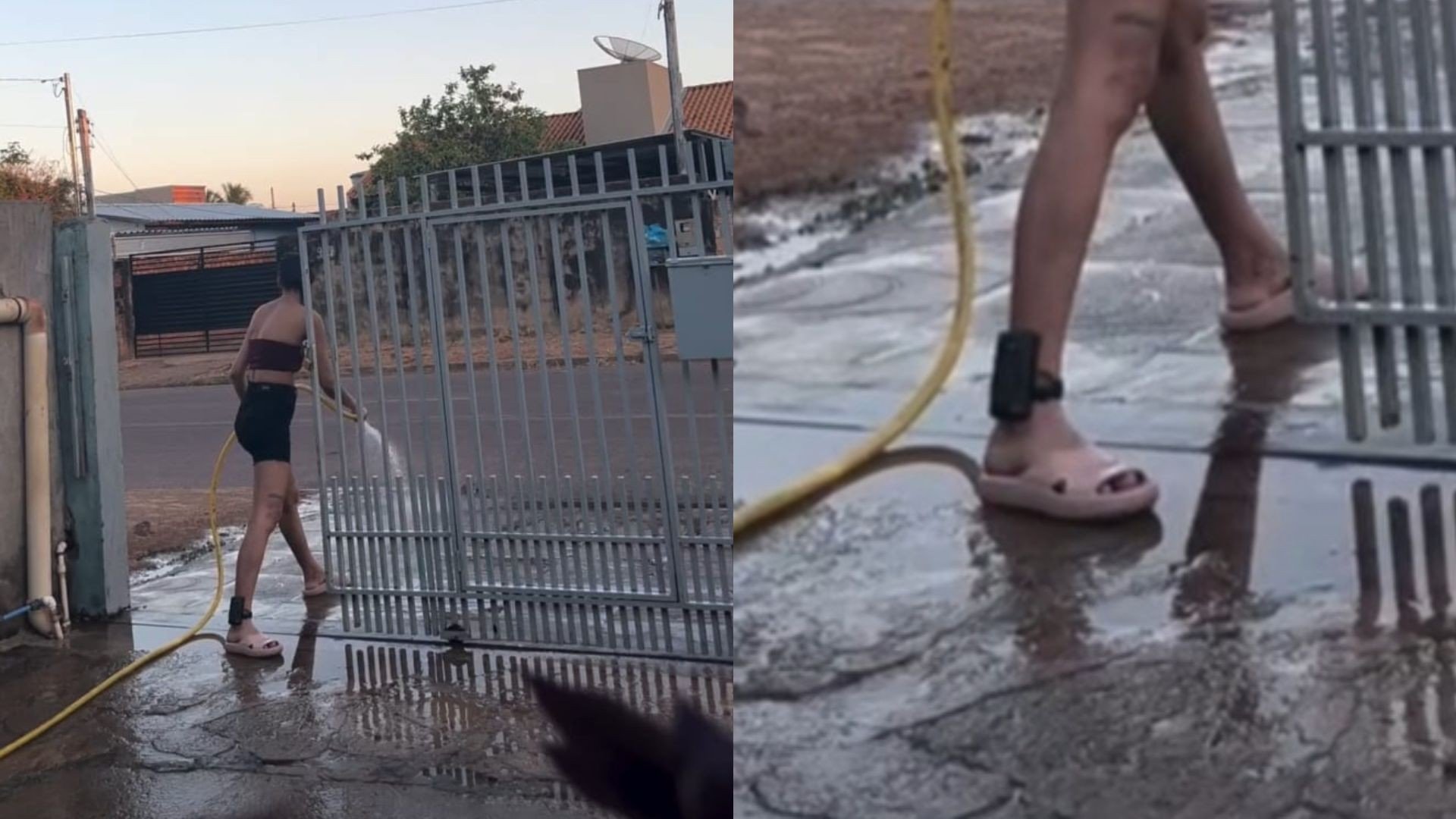 VÍDEO: mulher com tornozeleira eletrônica limpa calçada com um pé dentro de casa para evitar prisão